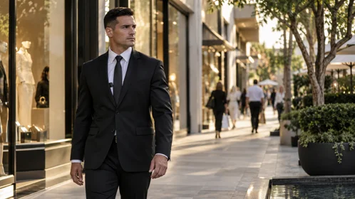 Security professional outside a commercial building