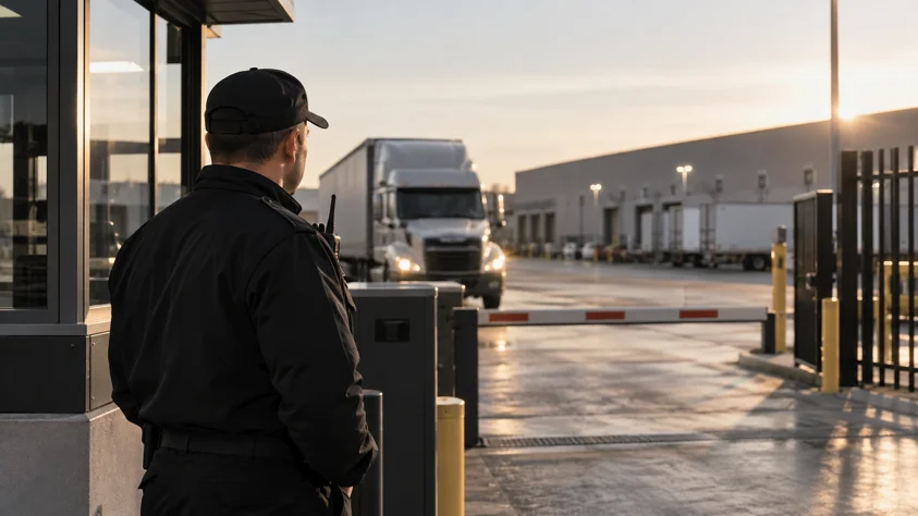 Illustrative distribution-center gate, delivery truck, and loading bays