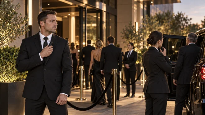Illustrative venue entrance with guests arriving for an evening event